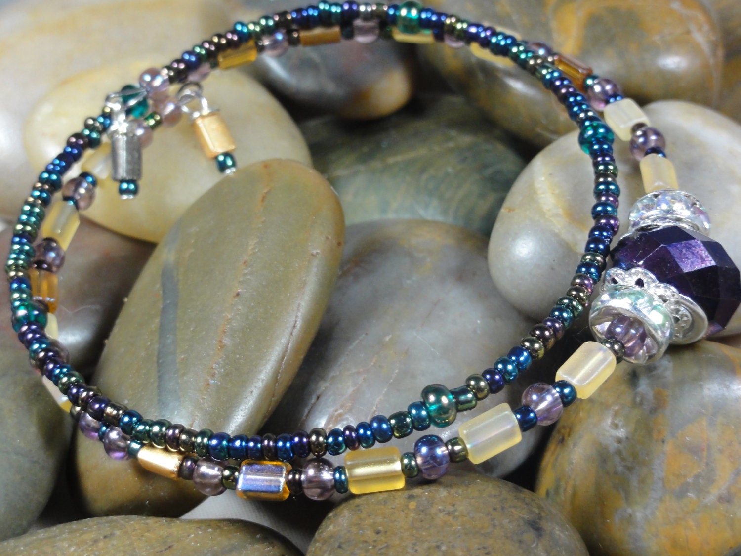 BRACELET - Purple Murano Glass Gold Teal Black Rainbow Coil Wire Wrap Jewelry Bracelet