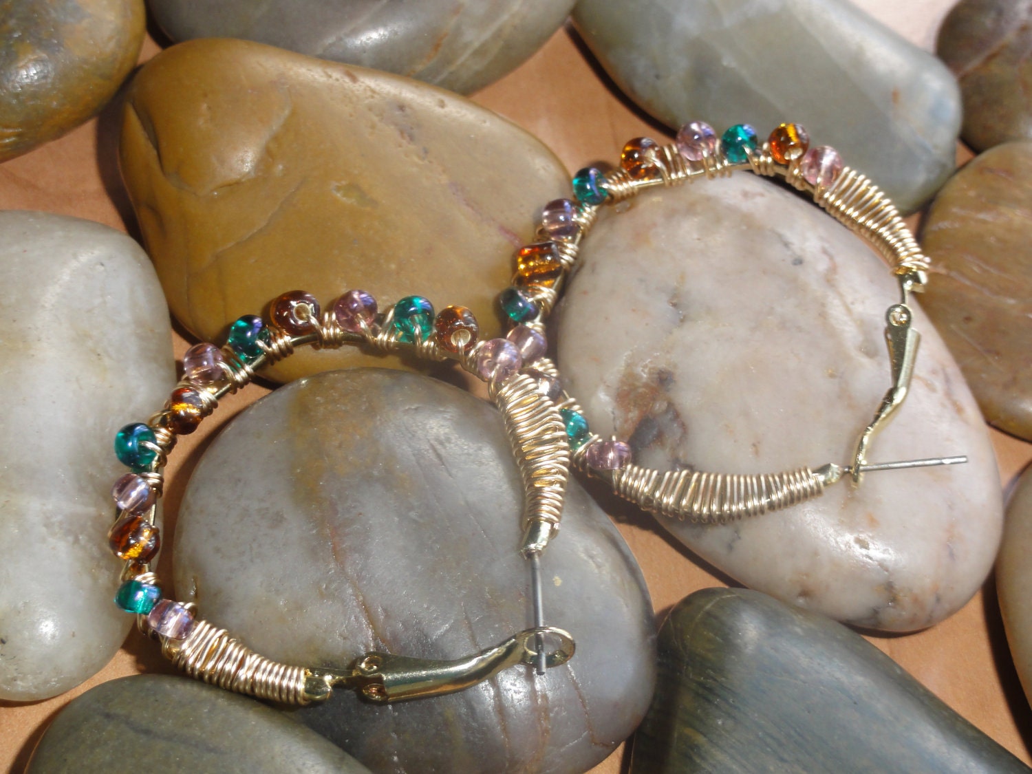 EARRINGS - Teal Amber Violet Bead Gold Hoop Wire Wrap Jewelry Earrings - Free Shipping
