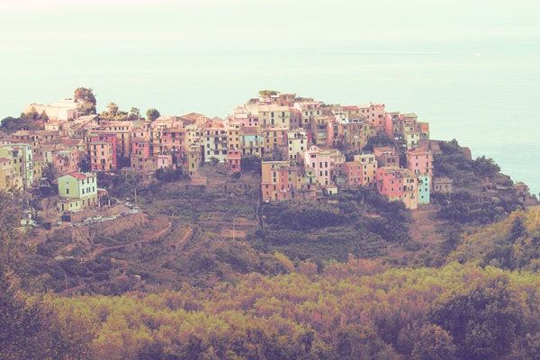 Corniglia in Summer. Cinque Terre. Italy Photo. Fine Art Photography. Pastel Colors. Mint Pink Yellow. Size A4