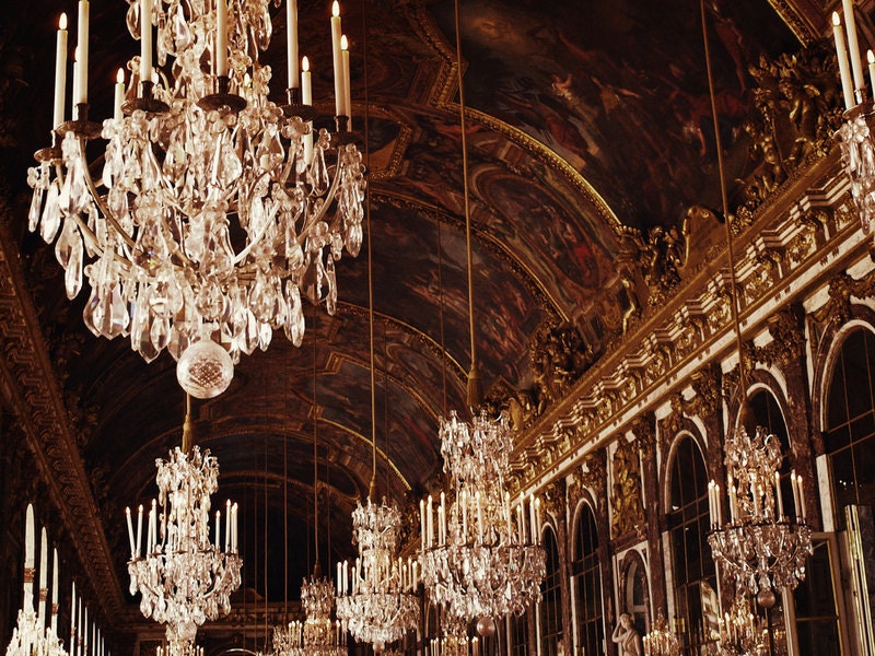Paris Photo. Fine Art Photography. Hall of Mirrors. Versailles. Marie Antoinette. Rococo. Crystal Chandeliers. Gold. Home Decor. Size A4