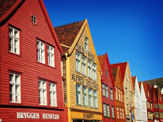 Norwegian Wooden Houses. Fine Art Photography. Bergen Wharf. Red Yellow. Blue Skies. Size A4