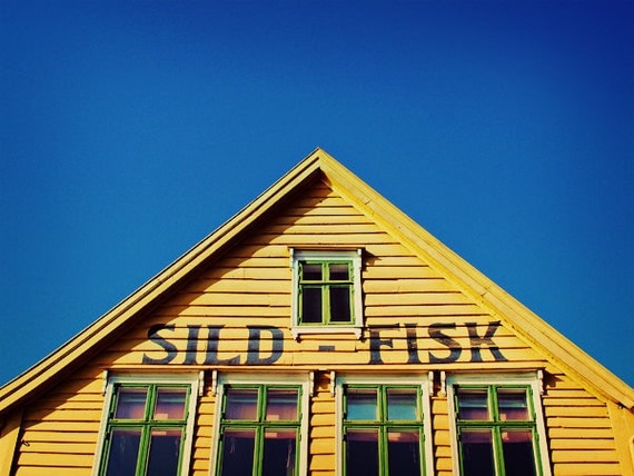 Sunny Yellow House. Vintage Bergen Wharf. Norway. Blue Skies. Green Windows. Fisherman Hut. Fine Art Travel Photography 8x10"