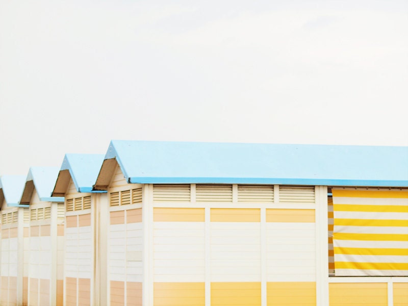 Yellow Beach Huts. Fine Art Photography. Lido Beach-Hut. Venice Italy. Mint Teal Rooftops. Yellow Stripes. Spring Decor. Size A4