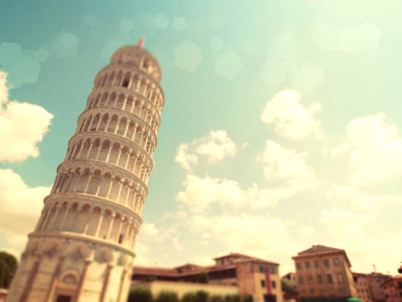 Italy Photo. Fine Art Photography. Leaning Tower of Pisa. Spring Photo. Home Decor. Wall Art. Turquoise Teal Sunny Clouds. Size A4