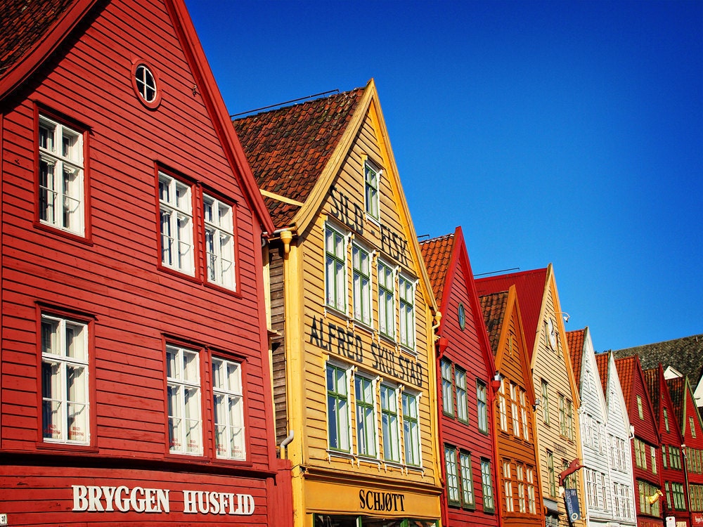 Norwegian Wooden Houses. Fine Art Photography. Bergen Wharf. Red Yellow. Blue Skies. Size A4