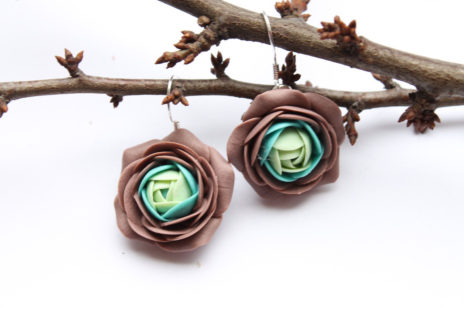 Amazing hand sculpted green, blue and beige flowers Ranunculus earrings, free shipping