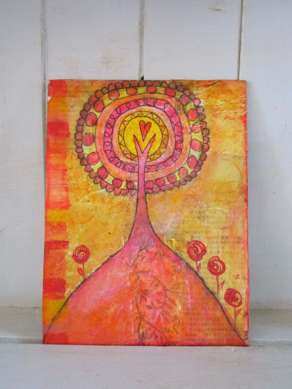 Love Trees in Orange - Mixed media painting on canvas board