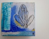Sitting in Blue - Tiny Mixed Media Painting on Canvas in Blue, Turquoise, Aqua, White and Yellow