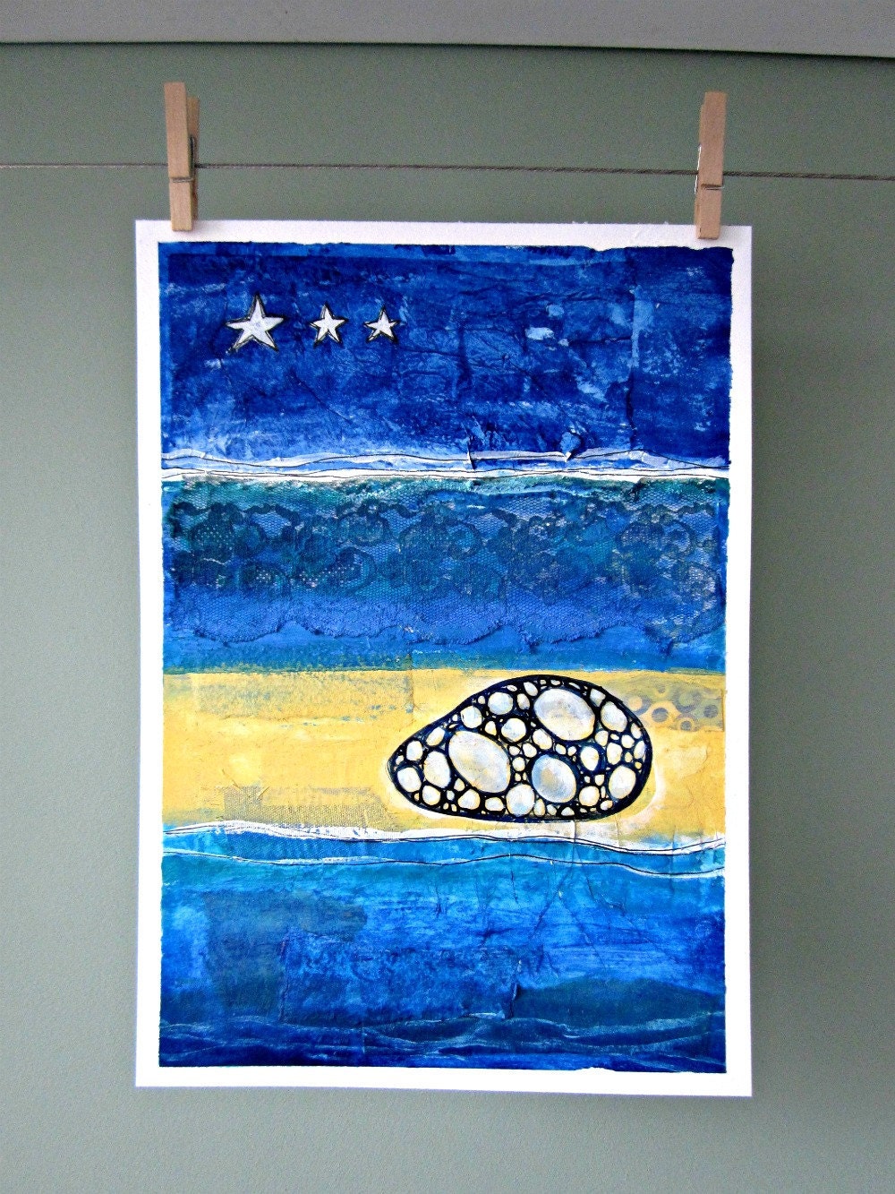 Stones and Stars - Mixed Media Painting on Paper in Blue and Yellow