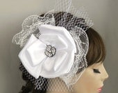 Weddings Hair Flower, Bridal Head Piece Fascinator, Rhinestone Accent, White Birdcage Veil. Handmade, unique item