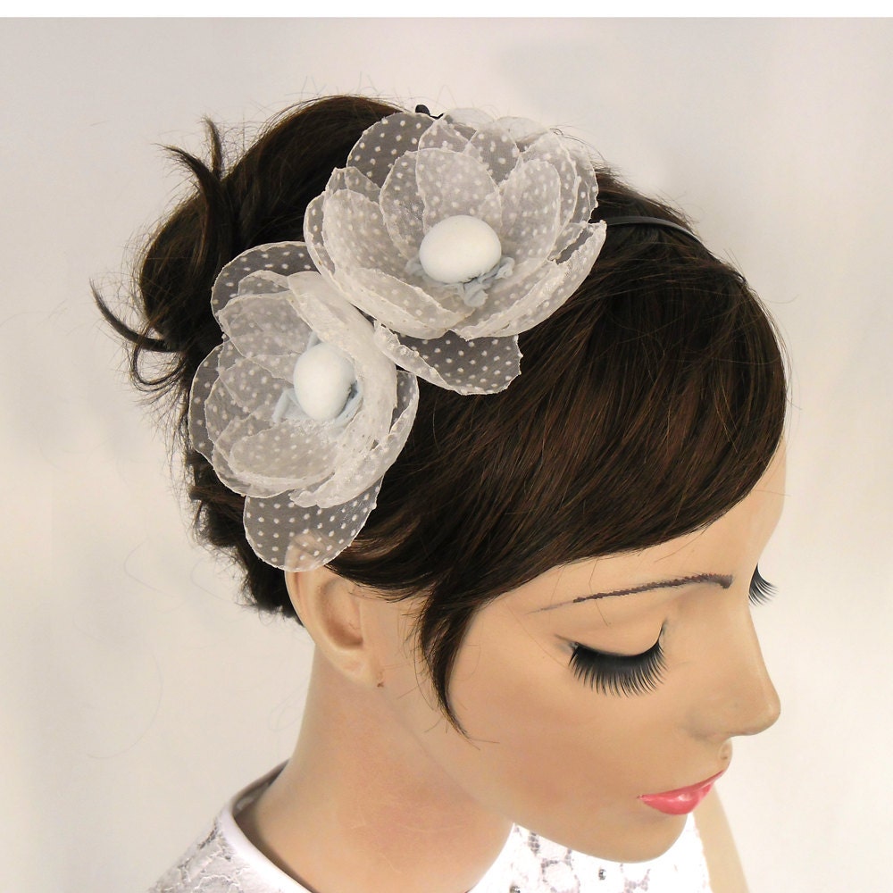 Bridal Fascinator Headpiece: Headband Decorated with Camellia Flowers Made with Polka Dot Organza Tulle Fabric. Handmade
