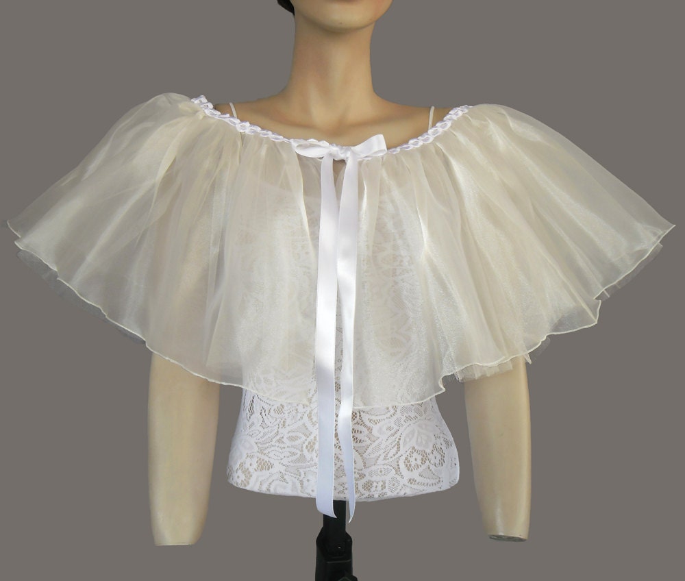 Fairy Bridal Cape in Retro Style Made with Snow White Ruffled Organza. It's Two Layered. OOAK, Handmade
