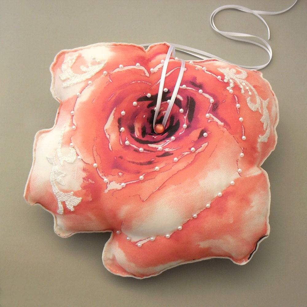 Weddings Pillow Ring Bearer: Unique Design Pink Rose Flower Baby Shower Cushion. Handmade, OOAK