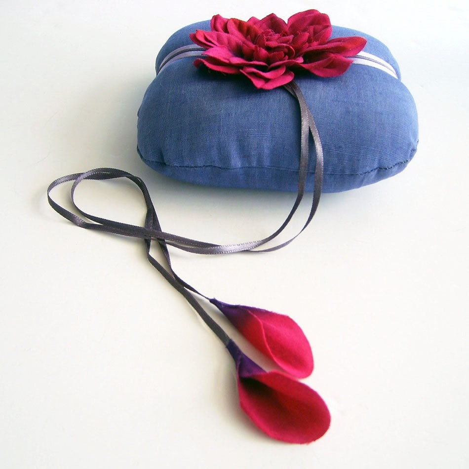 Ringbearer Pillow Blue Cushion Flower Burgundy Handmade OOAK Unique Weddings