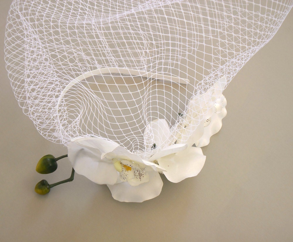 Bridal Fascinator with Birdcage Veil, Orchid Flower Decorated Head Piece for Beach Weddings. Handmade. unique design