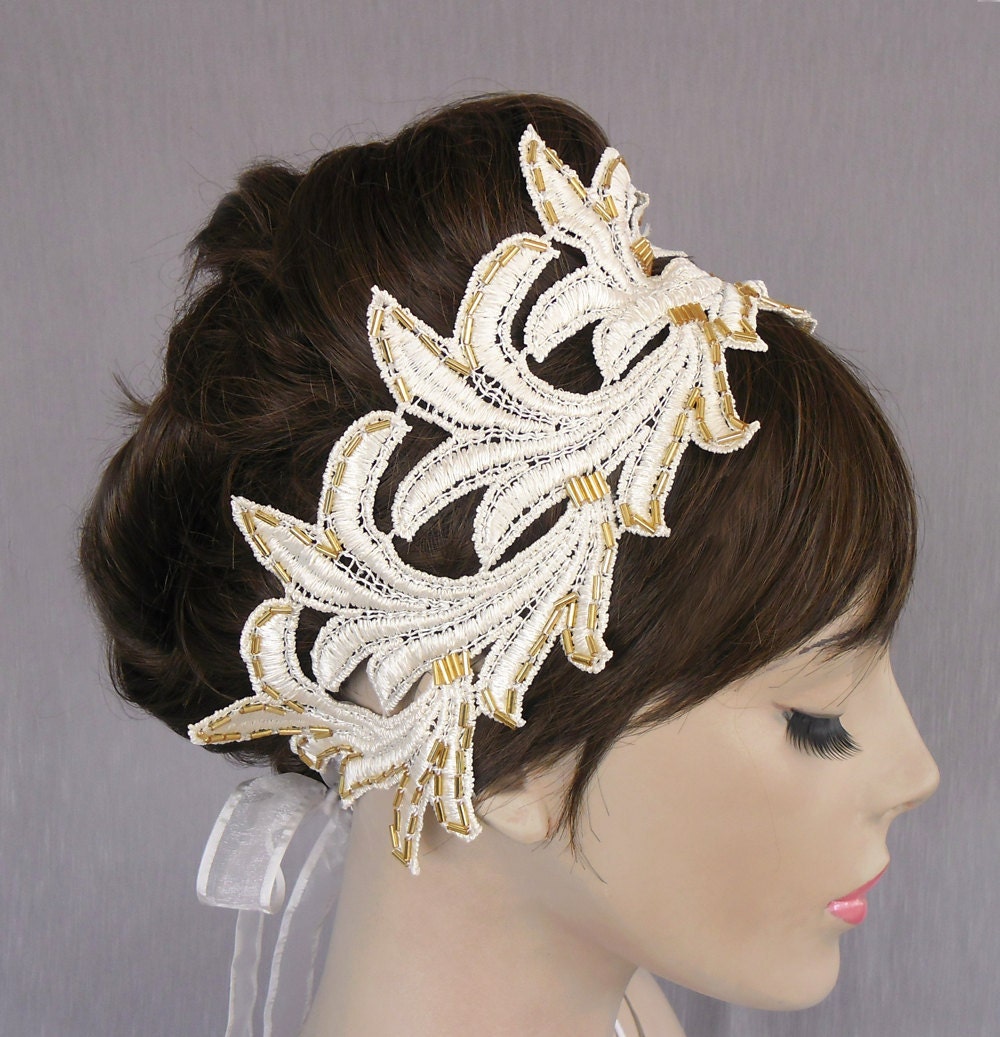 Cream weddings head piece, ivory lace bridal headband, gold beaded, handmade