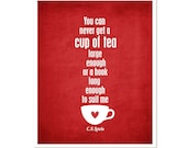 Typography Poster A Cup of Tea and a Long Book - CS Lewis red home decor kitchen quote modern original print