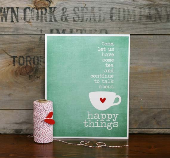 Tea and Happy Things - charcoal grey background -modern original print - 8x10 Gifts Under 25