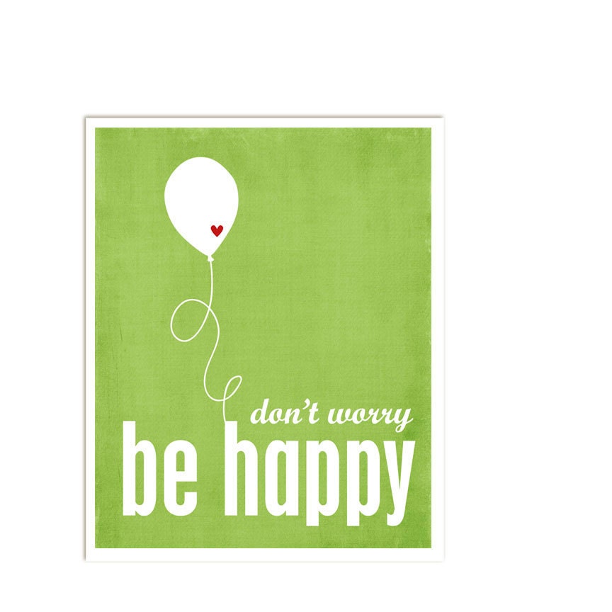 Don't Worry, Be Happy - Leaf Green Print Red Heart Balloon - 8x10 Gifts Under 25