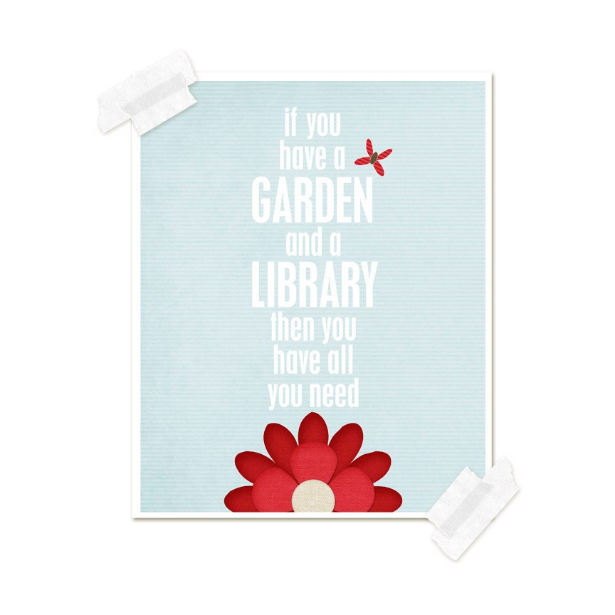 A Garden & a Library Modern Original Art Poster Print - Pale Sky Blue Garden Red Flower Background Butterfly