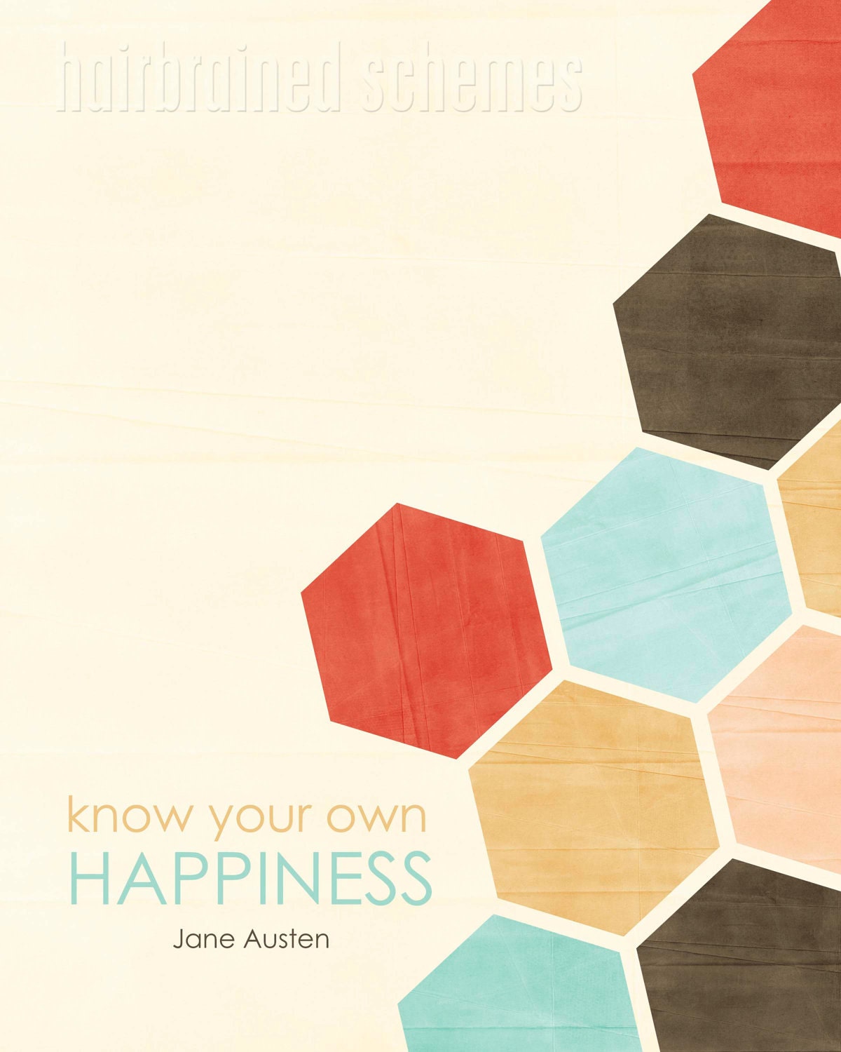 Jane Austen Digital Art Print Poster - Know Your Own Happiness - Geometric Honeycomb Southwest Inspired Aqua Red Brown