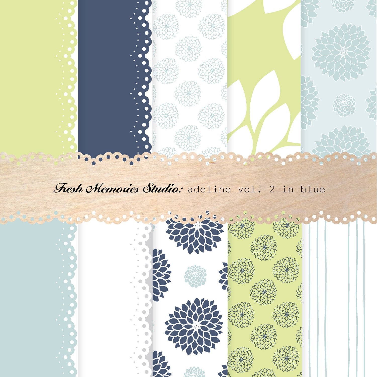 Adeline vol. 2 in blue and green. 12x12. Mod Digital Printable Paper Pack.