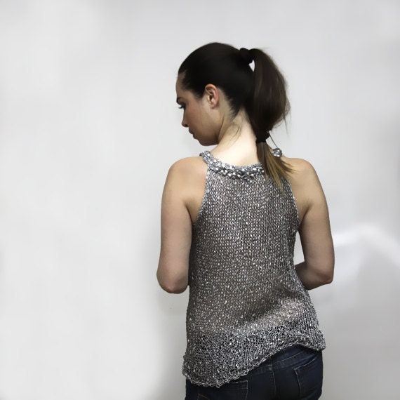 Summer Knit Sweater, Summer Knit Tank PEARL/Summer Tunic/Summer Sweater/Shirt/Cover Up/Elegant Women Fashion/Grey Silver by Solandia