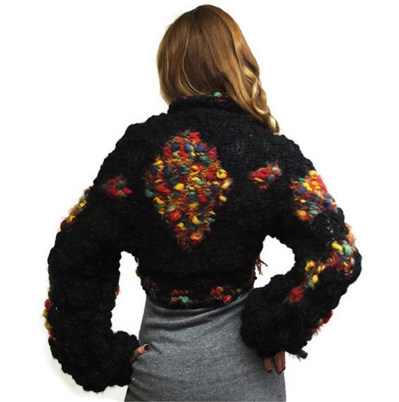 Black Wool Shrug TENGRI Pure Wool Black Bolero, Black Sweater, XL Size, OOAK, large size, spring, autumn by Solandia