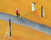 Looking for a Pefect Match - surreal illustration A4 giclee art print couple balancing on a rope ladder art for bedroom symbolic art - jokamin