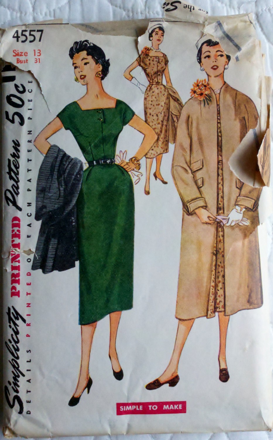 Simplicity 4557 Vintage 1950s Pattern Womens Mad Men Rockabilly Sheath Wiggle Dress & Coat Size 13 Bust 31"