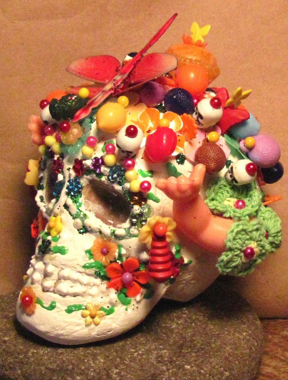 No. 15  OOAK Day of the Dead art sugar SKULL fruit picker  doll Dia de los Muertos 4"