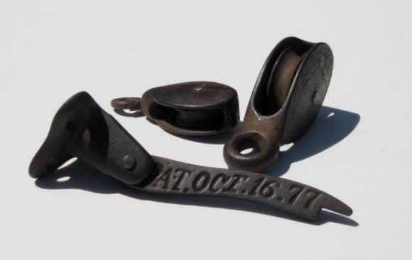 Vintage Industrial Pulleys: Two Iron Pulleys and Iron Machine Artifact, Instant Collection