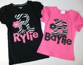 Baby, girl, tween, teen shirt with zebra print inital with personalized name applique in girl sizes 12 m - 16- teen, adult XS - XXL