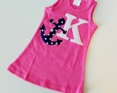Anchors away summer, hot pink knit tank dress with navy blue polka dot anchor, personalized with initial or number - sizes NB- 5T