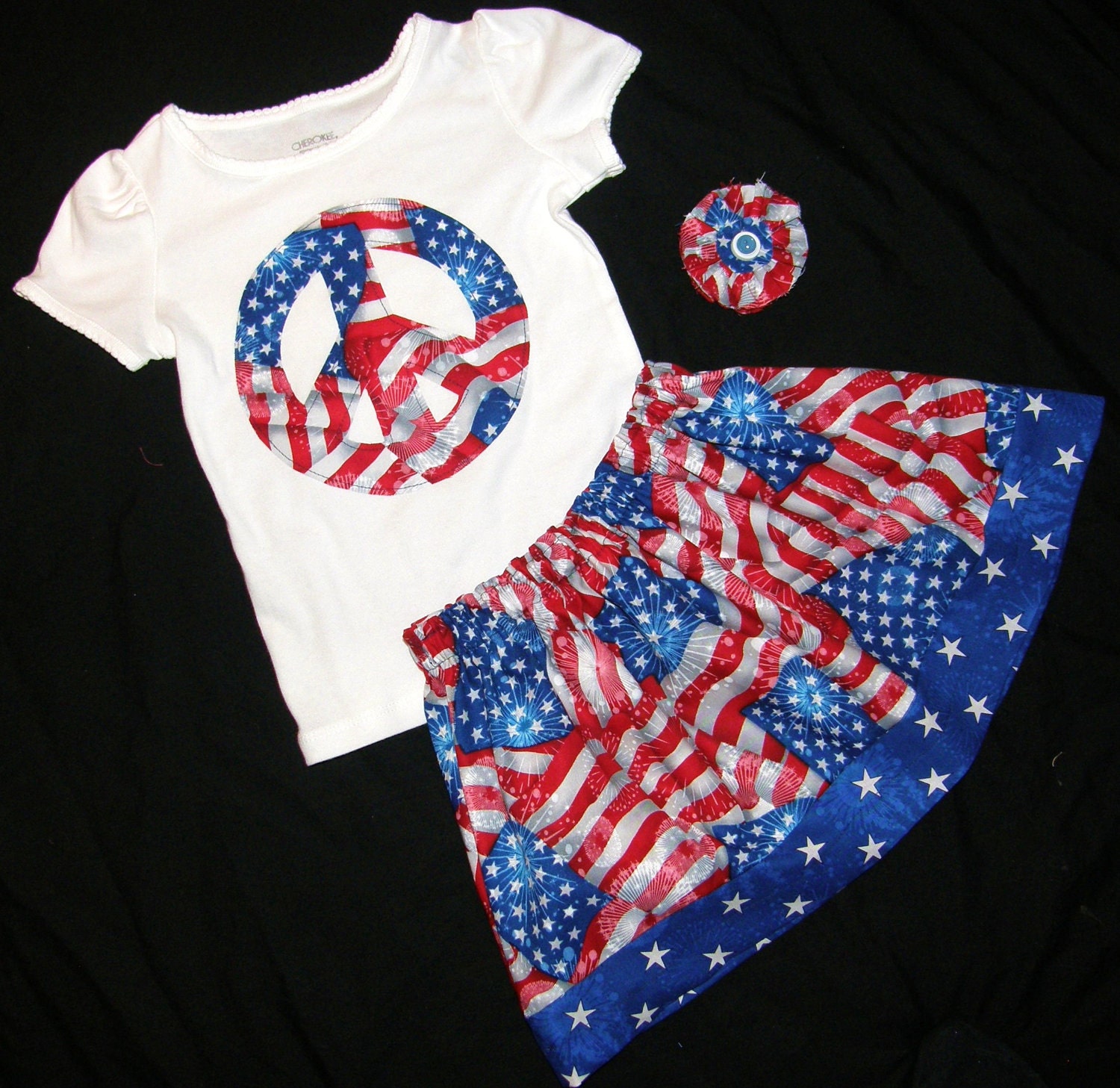 3 piece outfit - Designer fabric by Robert Kaufman patriotic flag 4th of July skirt, white peace sign shirt, and matching bow for baby, girls and tweens in sizes NB 3m 6m 9m 12m 18m 24m 2T 3T 4T 5T 6 7 8 10 12 14 - Fun for fireworks and summer pictures
