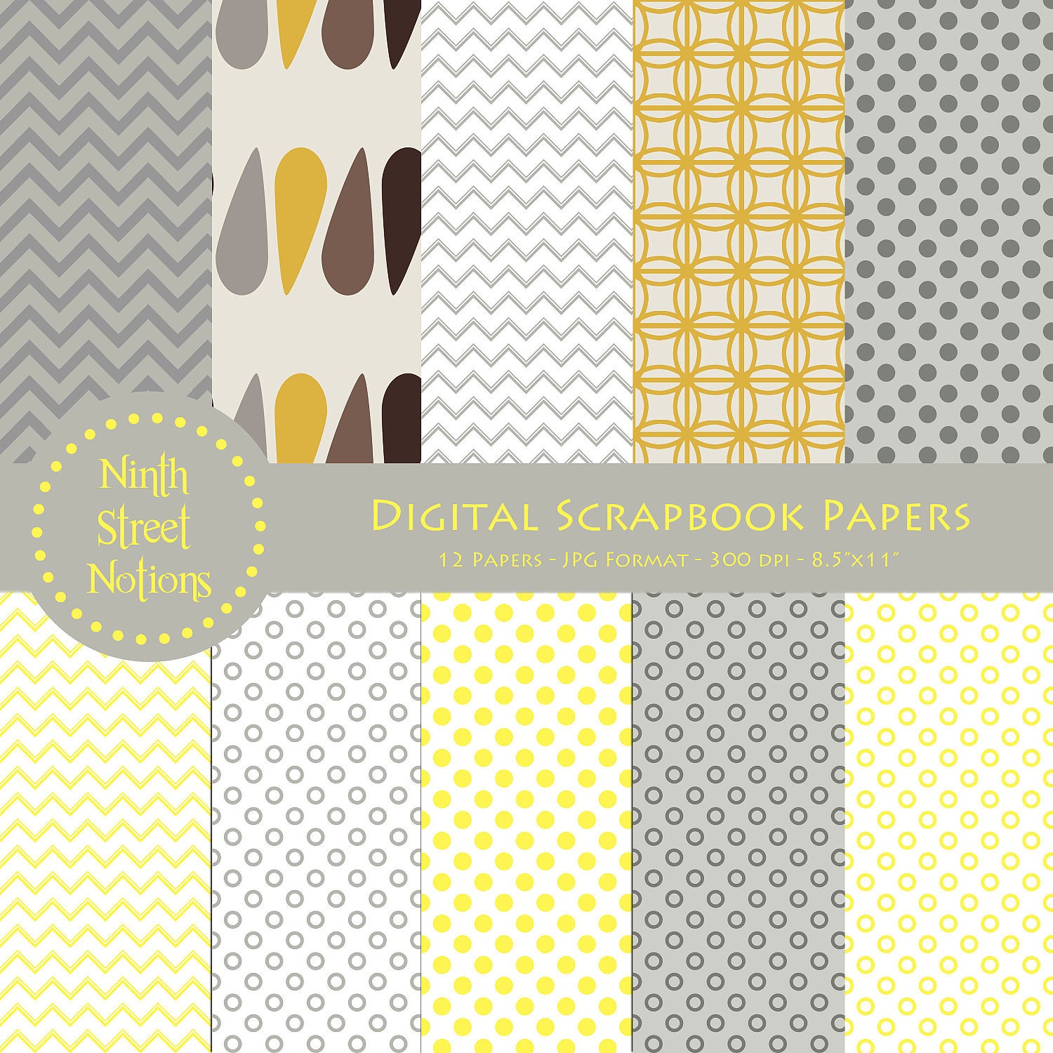 Digital Scrapbook Paper in Yellow and Gray Mixed Patterns - for invitations, blog design, photographers