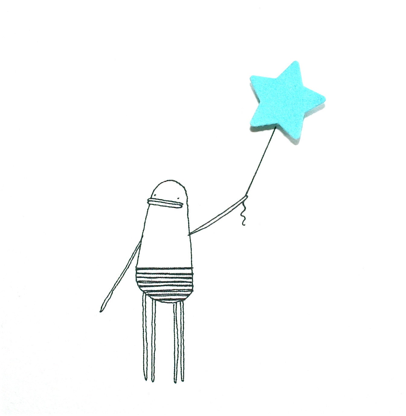 Unique Greeting Card, Happy Birthday, Hand-Finished, Quirky Illustration, Poosac with Blue Star Balloon, Neon, Pastels
