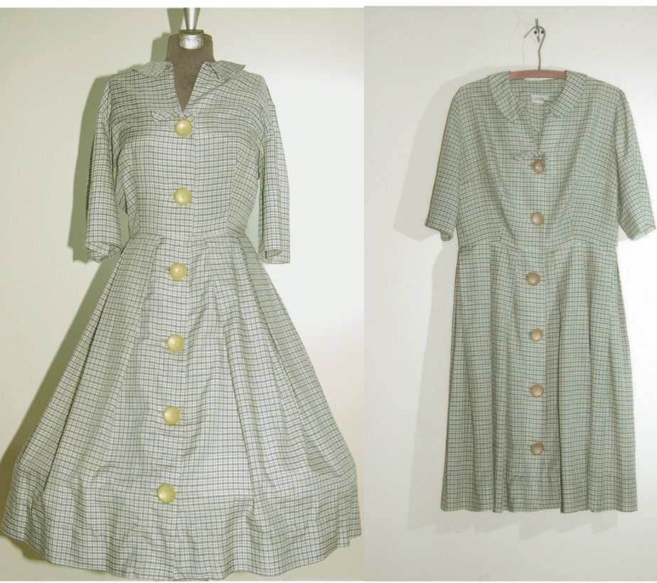 Vintage day dress green white check 1950s dress Wilshire of Boston large xlarge