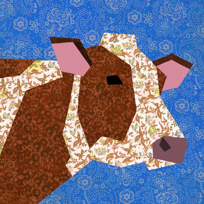 Cow paper pieced quilt block pattern PDF by BubbleStitch on Etsy