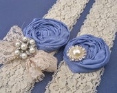 Something Blue Vintage Bridal Garter Set Wedding Toss Garter too Periwinkle Blue and Ivory with Rhinestones  Pearls  Custom Wedding colors