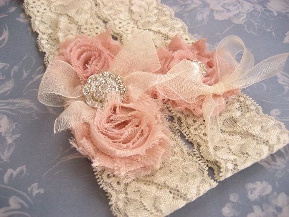 Vintage Bridal Garter Wedding Garter Set Toss Garter included Dusty Rose Ivory with Rhinestones and Pearls  Custom Wedding colors