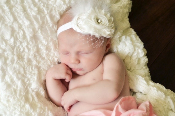 Pretty Princess Headband Rhinestones and Feathers Shabby Chic Victorian Bridal Baby WHITE or IVORY available