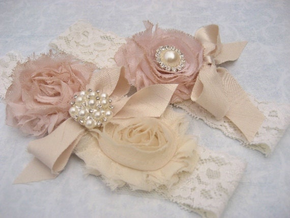 Bridal Garter Heirloom Rose Wedding Garter Set with Toss Garter Heirloom Rose and Tea Stained Ivory with Rhinestones and Pearls