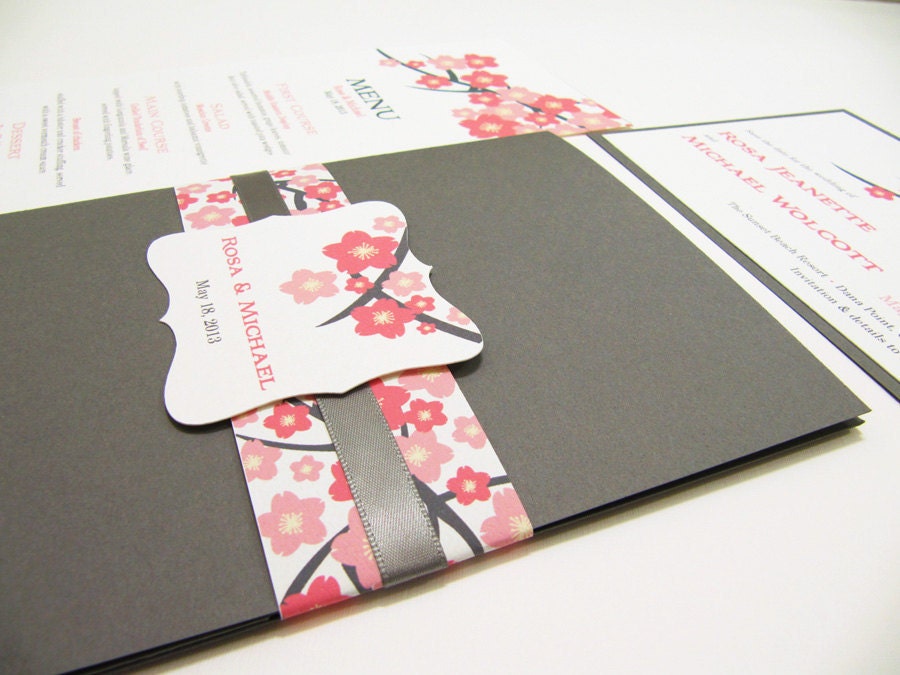 Pocketfold Wedding Invitation Suite, Cherry Blossom in Gray - 99 Cent Sample