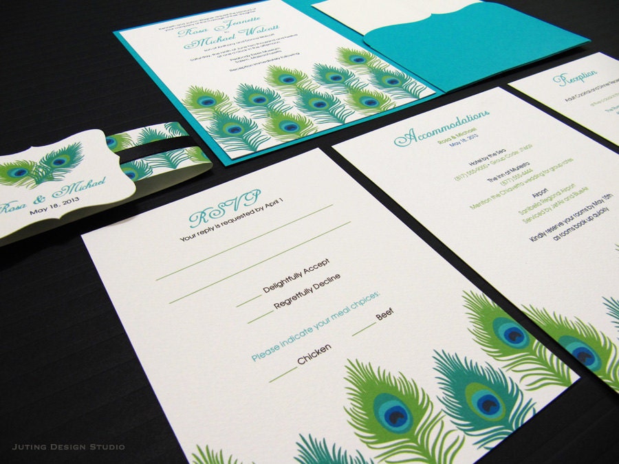 Pocketfold Wedding Invitation Suite, Peacock Feather- Sample