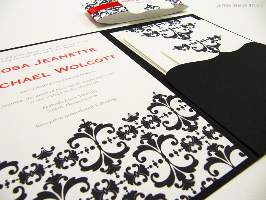 Pocketfold Wedding Invitation Suite, Classic Black and Red - Sample