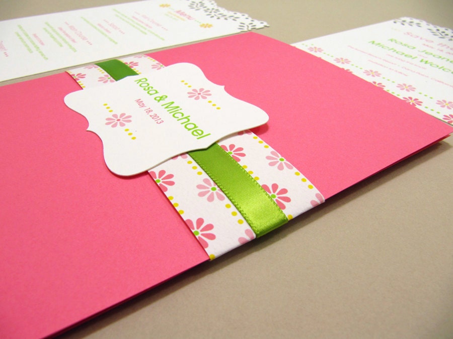Pocketfold Wedding Invitation, Modern Flower In Green - Sample