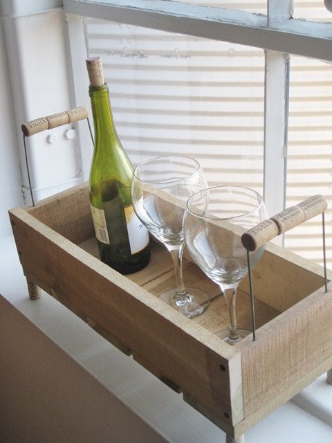 Wood and Cork Tote Carrier Basket for Kitchen, Dining,  Entertaining or Pretty Storage Organizer, Farmers Market Display, Cork Serving Tray