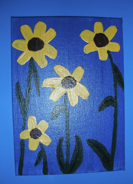 Sunflowers on Blue acrylics on canvas 5x7
