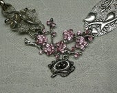 Pink Floral Vintage Brooch combined with a silver plated leaf, birds nest and birds